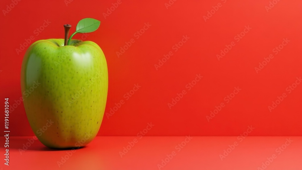 Poster rich avocado green apple on left. soft red background. copy space for text, 3d render ai generated d