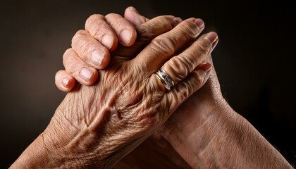 Fototapeta premium Generated image Close-up of two elderly hands clasped together with wearing wedding rings. Suggesting a gest