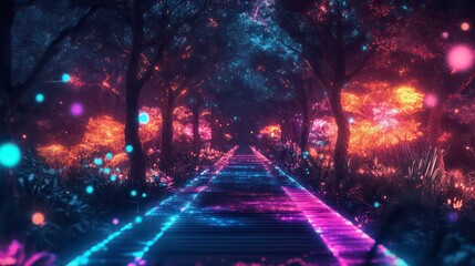 Glowing path through a vibrant, neon-lit forest at night.