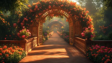 Rose archway garden path sunrise wedding