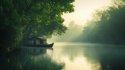 Fototapeta premium Houseboat Docked on Calm Misty River Morning