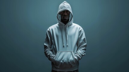 Portrait of a black man in a white hoodie on a blue background