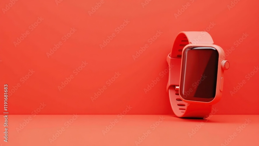 Poster coral smartwatch on left. soft purple background. copy space for text, 3d render ai generated design