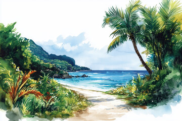 Fototapeta premium Tropical beach watercolor illustration with lush greenery, palm trees and serene ocean view