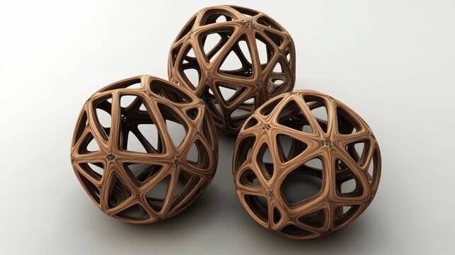 Three brown, latticed, spherical sculptures.