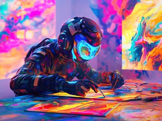 Creative astronaut immersed in vibrant artwork in a futuristic studio