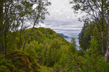 Coastline Fjord views from Alesund, Norway from hiking trail above the city, travel scenery Scandinavia Europe