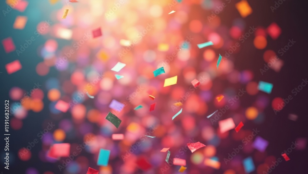 Poster confetti cascading from above capturing spectrum of colors adding to celebratory mood, professional 