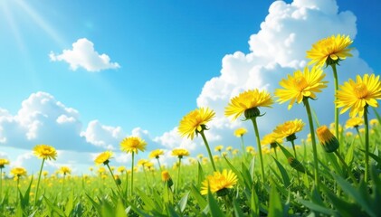 Golden dandelions against azure sky, fluffy clouds, plant, rural