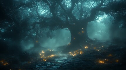 Fototapeta premium Enchanting foggy forest path with glowing lights, nighttime fantasy scene