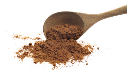 Garam masala ground in wooden spoon, minced spice blend, isolated on white, side view