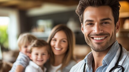 Obraz premium Family, Healthcare, And Peace Of Mind Doctor Standing In Front Of Smiling Family At Home
