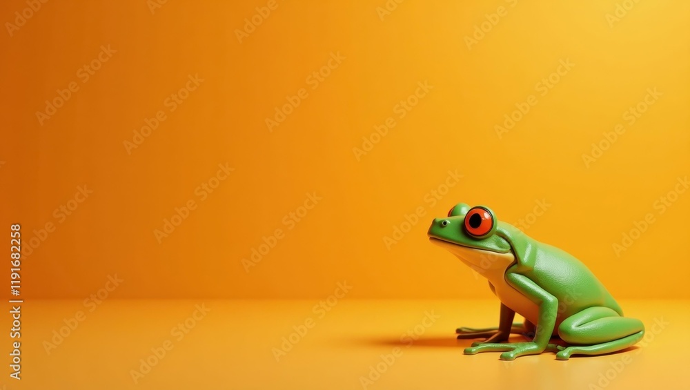 Poster emerald green jungle frog on right. soft black background. copy space for text, 3d render ai generat