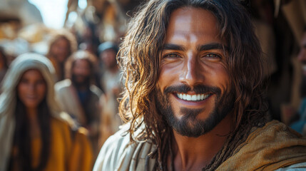 Obraz premium Jesus taking a selfie, with a serene smile and his followers in the background, blending modern technology with a historical setting