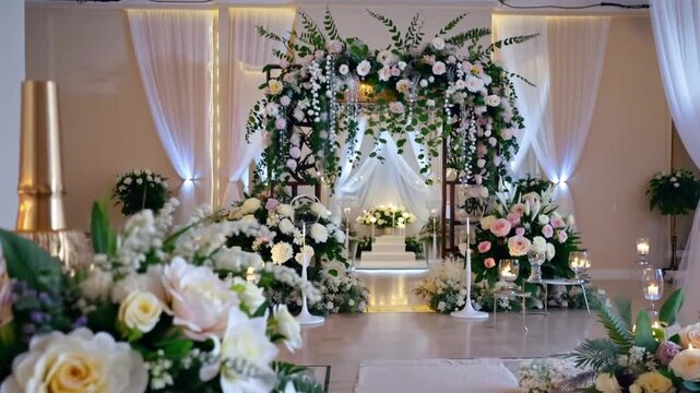 A beautifully decorated wedding venue, exuding elegance and romance with stunning floral arrangements, soft lighting, and sophisticated decor.