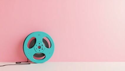 Deep turquoise film reel on right. Blue vintage film reel on pink wall