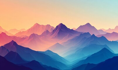 Abstract mountain range, sunset hues, layered peaks.