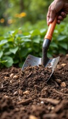 Hand Digging Soil with Gardening Trowel in Green Garden.Gardening Banner for Eco-Friendly Lifestyle Promotions.Growth. Connection. Cultivating Life Through Gardening.Gardening Hand with Shovel
