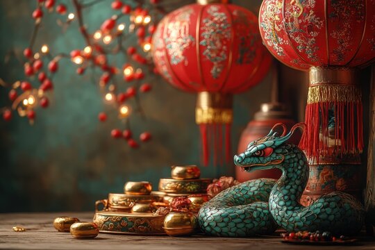 2025年中国农历新年，绿色木蛇，传统装饰，红灯笼，樱花与宁静风景&mdash;&mdash;适合绿色木蛇年的节庆艺术，色彩鲜艳的红色、金色和绿色