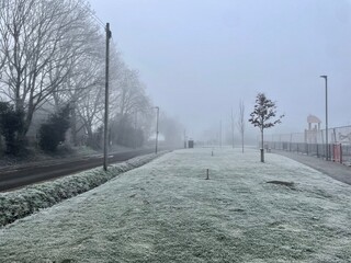 Foggy winter morning in British village. Fog, frost on grass lawn, road and barre winter trees