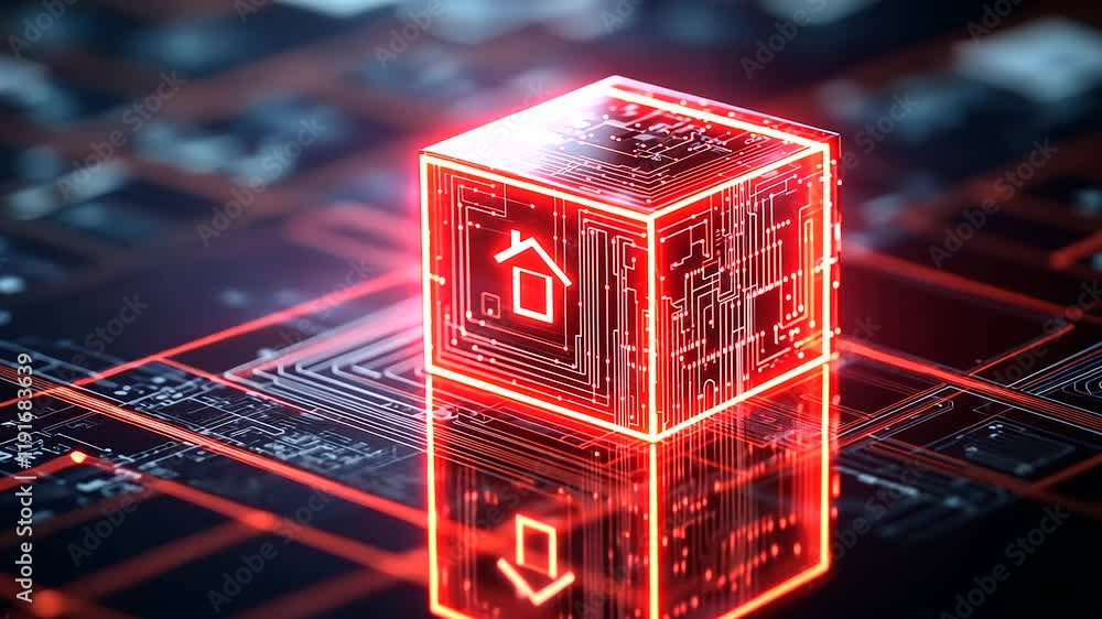 Poster encased in a circuit-patterned shield, a house icon glows vividly, creating a visual representation 