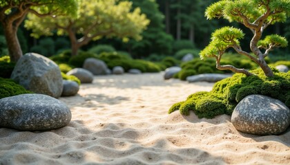 Japanese Zen Garden with Raked Sand and Mossy Stones.Tranquil Zen Scene for Wellness Ads and Posters.Balance. Serenity. Harmony in Nature&rsquo;s Minimal Design.Serene Japanese Zen Garden