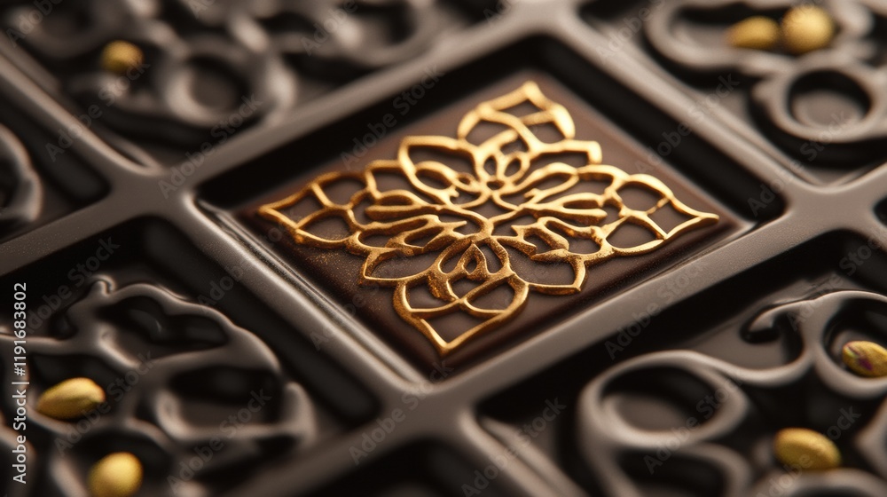 Poster pistachio chocolate bar adorned with intricate arabesque patterns and gold details. generative ai