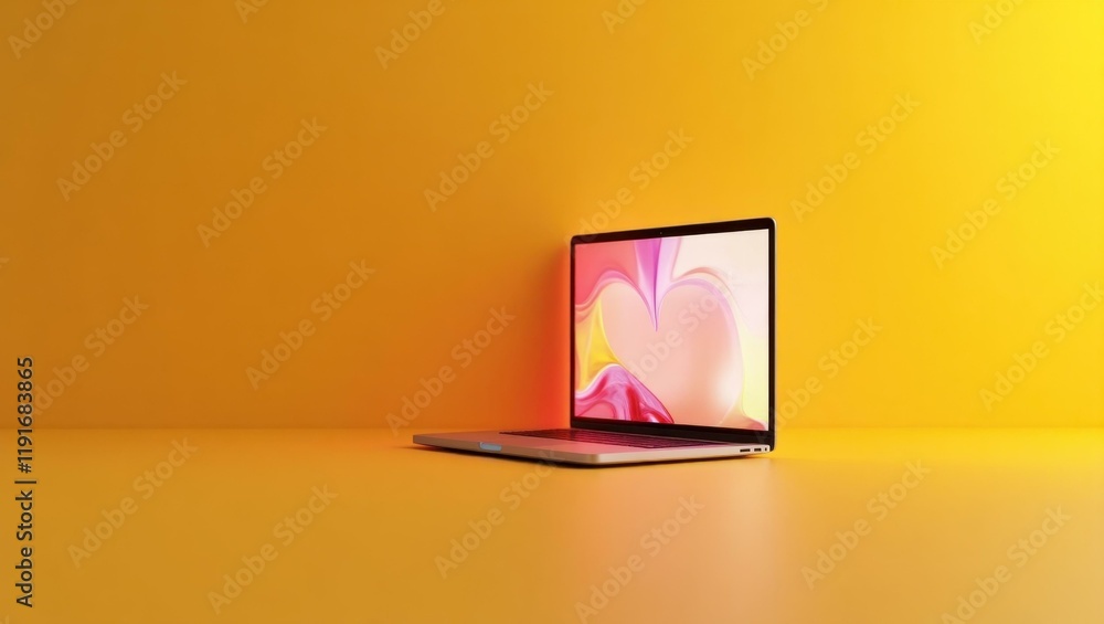 Poster red and silver laptop with glowing lights on left. soft orange background. copy space for text, 3d r