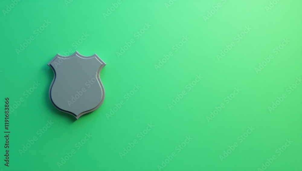 Poster pebble gray police badge on left. soft green background. copy space for text, 3d render ai generated