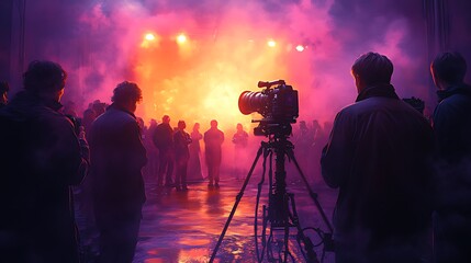 Fototapeta premium Filming concert backstage, smoky stage, crew, event
