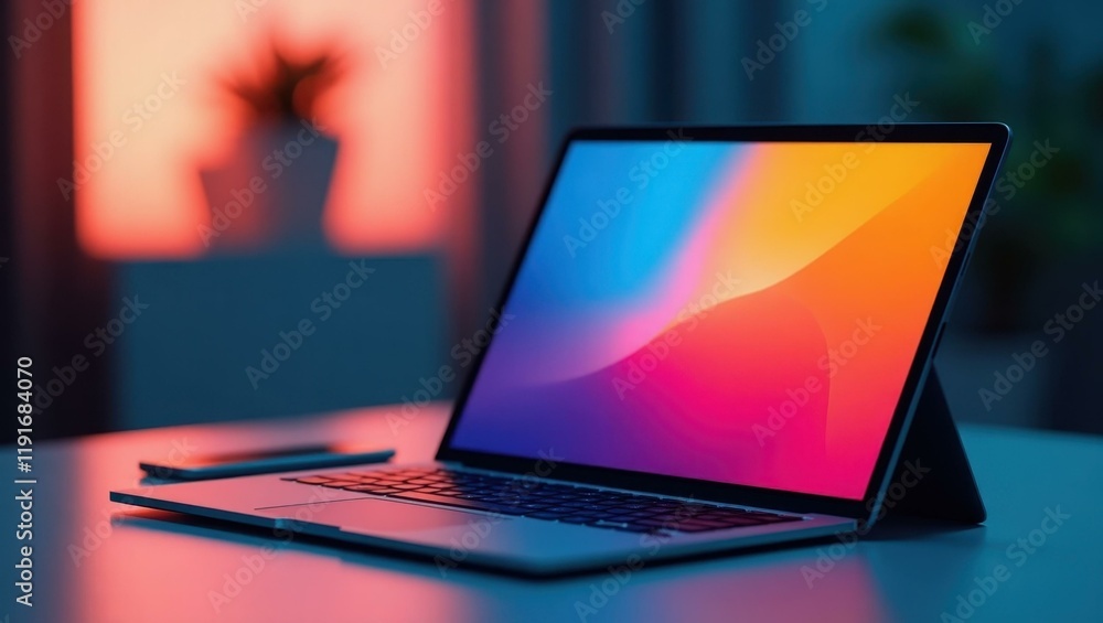 Poster digital tablet displaying vibrant screensaver beside open notebook , professional stock photo, ai ge