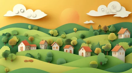 Gordijnen paper cut-out landscape of a peaceful countryside village nestled in rolling hills. The sun sets in the distance casting a warm glow on the scene. The scene features small houses. © Asif Munir