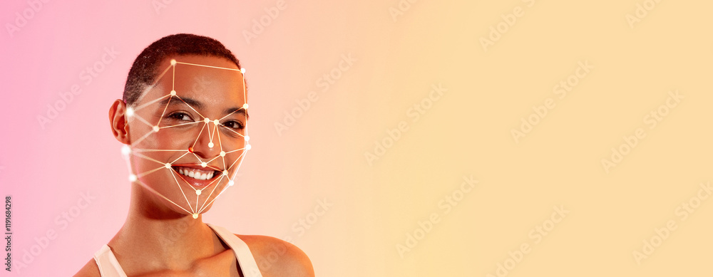 Poster A smiling individual with a facial recognition overlay showcasing the technology's ability to identify features. This illustration emphasizes advancements in identification methods.