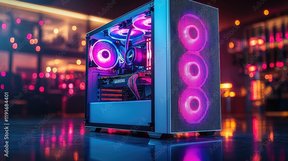 Poster illuminated gaming computer showcase nighttime setting