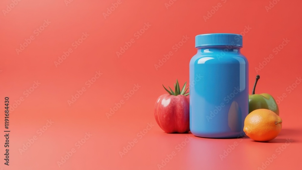 Poster cerulean blue nutrition label on left. soft red background. copy space for text, 3d render ai genera