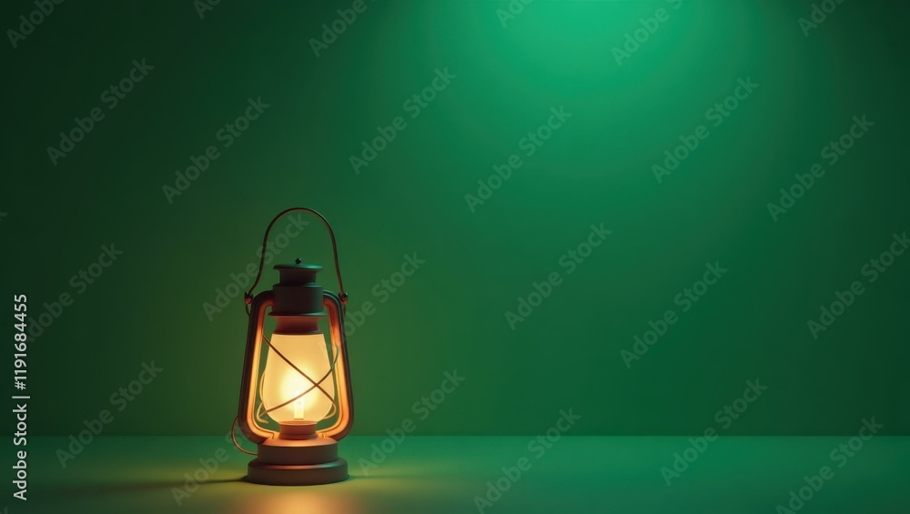 Poster ghostly gray creepy lantern on left. soft green background. copy space for text, 3d render ai genera