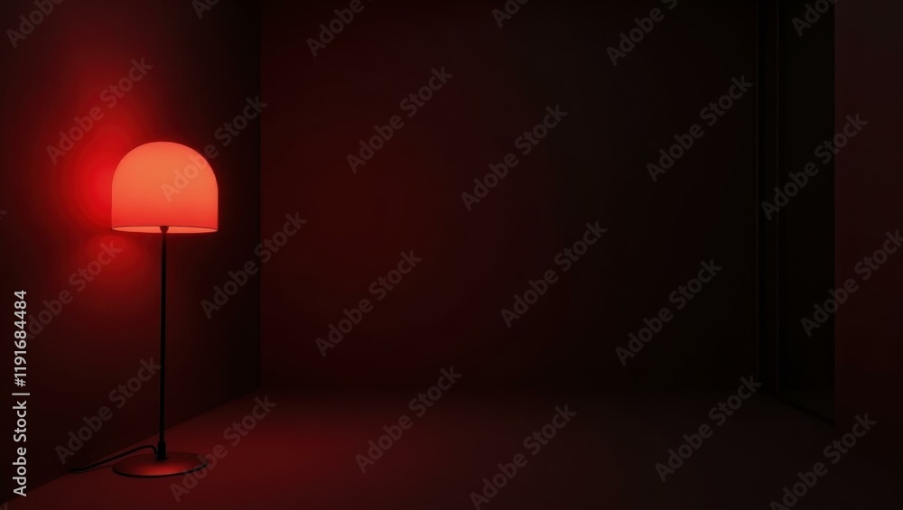 Poster marsala red interrogation room lamp on left. soft black background. copy space for text, 3d render a