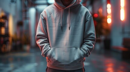 Unrecognizable man in hoodie standing with hands in pockets against blurred background