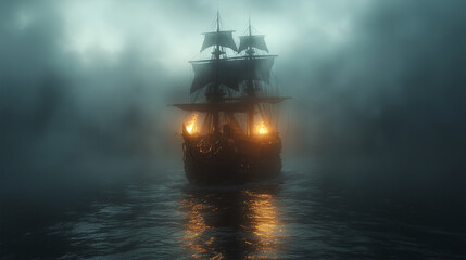 Fototapeta premium Mystical ship emerges through dense fog on a calm night with glowing lights illuminating the dark water