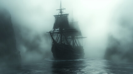 Mysterious ship sails through thick fog on a tranquil sea at twilight, creating an enchanting atmosphere of adventure