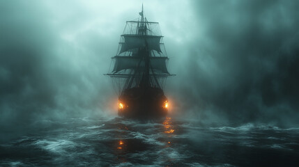 Fototapeta premium Mysterious ship navigates through thick fog on a turbulent sea at dusk, creating a haunting atmosphere