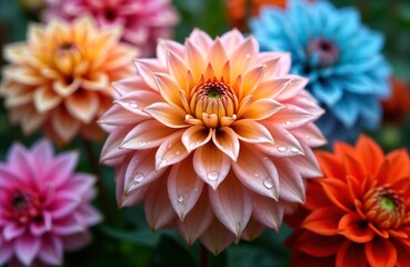 Closeup view of colorful dahlia flowers. Water drops rest on soft petals. Variety of colors including pink, orange, red and blue. Flowers are in full bloom. Natural background. Garden setting.