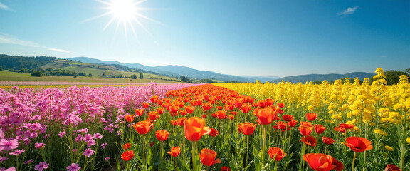 Fototapeta premium Vibrant fields of blooming flowers under a bright sun, creating a cheerful and lively atmosphere, showcasing a spectrum of colors including yellow, red, and pink against a clear blue sky