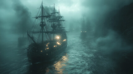 Mysterious ship sailing through a fog-covered sea, illuminated by dim lights in a fantasy world