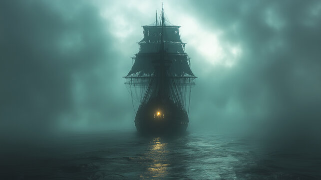 Mysterious ship sails through dense fog on a dark, enchanted evening in a fantasy world