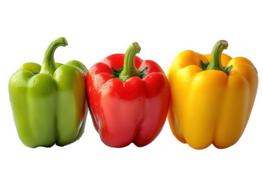 three vibrant bell peppers in green. red. and yellow. arranged closely together against a clean white background. emphasizing their fresh and appealing appearance this visually striking composition hi