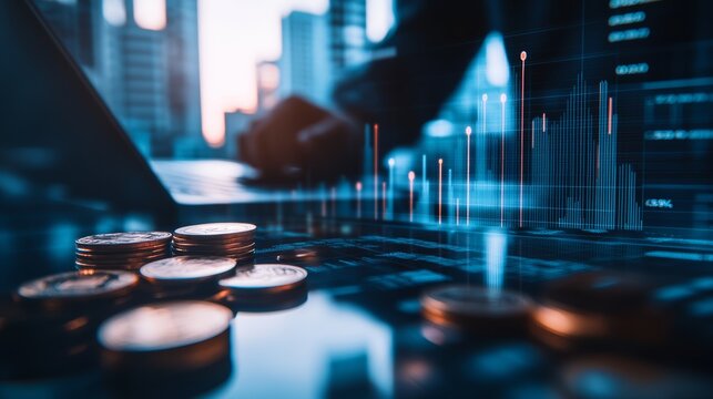 Coins stacked on a shiny surface, a businessman on a laptop, glowing financial charts symbolizing investment and cryptocurrency analysis