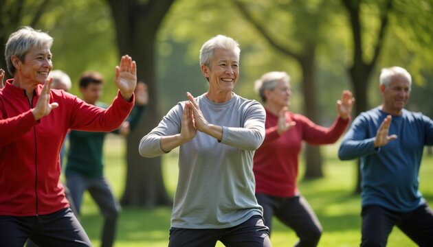 Group of seniors practicing tai chi in park. Focused on movement, mindfulness. Park surrounded by trees. Active group connecting with. Seniors tai chi poses in outdoor class. Look healthy, happy.