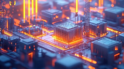 Fototapeta premium Stunning 3D rendered image of a futuristic high tech cityscape with glowing geometric skyscrapers and towers in a vibrant colorful and abstract urban environment