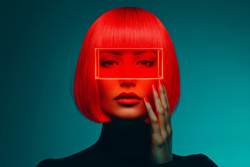 Striking portrait of a woman with vibrant red hair and futuristic glasses against a black background